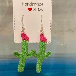 Handmade Crochet Cactus Earrings - Green and Pink